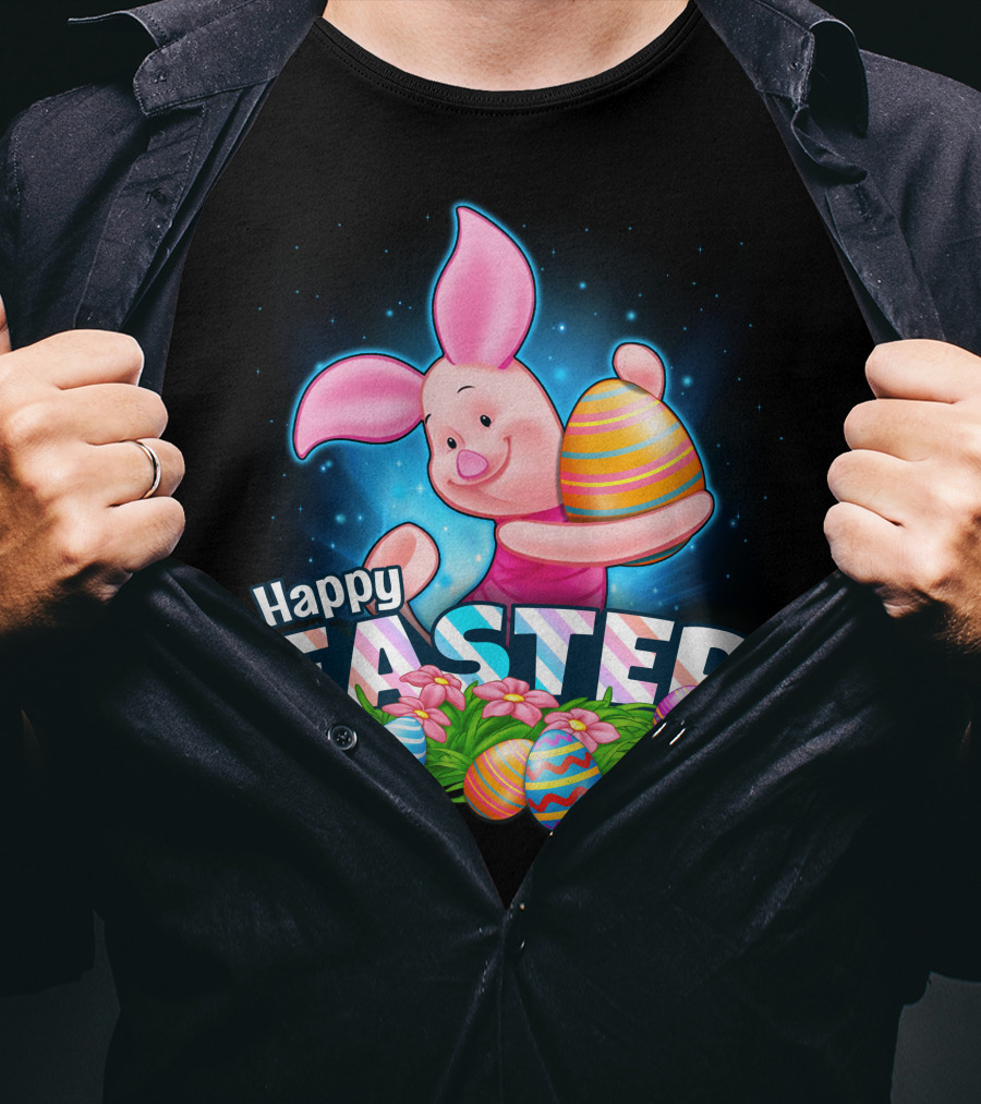 Piglet Happy Easter With Colorful Eggs And Spring Flowers T-Shirt