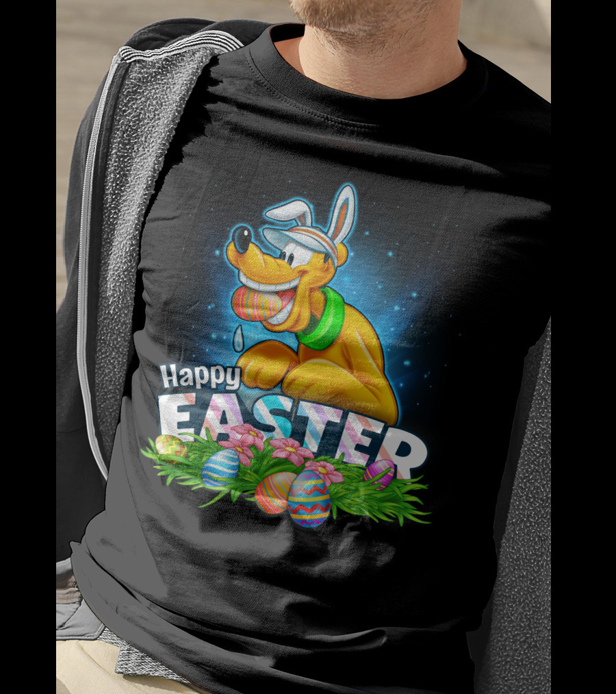 Pluto Happy Easter Colorful Eggs And Flowers Celebration T-Shirt