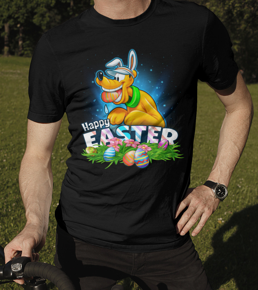 Pluto Happy Easter Colorful Eggs And Flowers Celebration T-Shirt