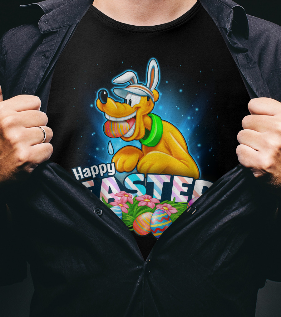 Pluto Happy Easter Colorful Eggs And Flowers Celebration T-Shirt
