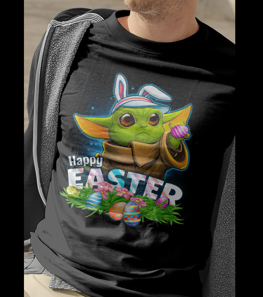 Happy Easter Yoda Bunny With Colorful Eggs T-Shirt