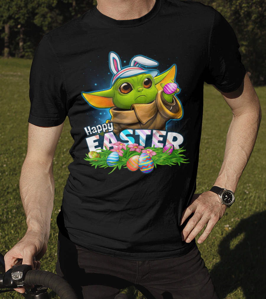 Happy Easter Yoda Bunny With Colorful Eggs T-Shirt