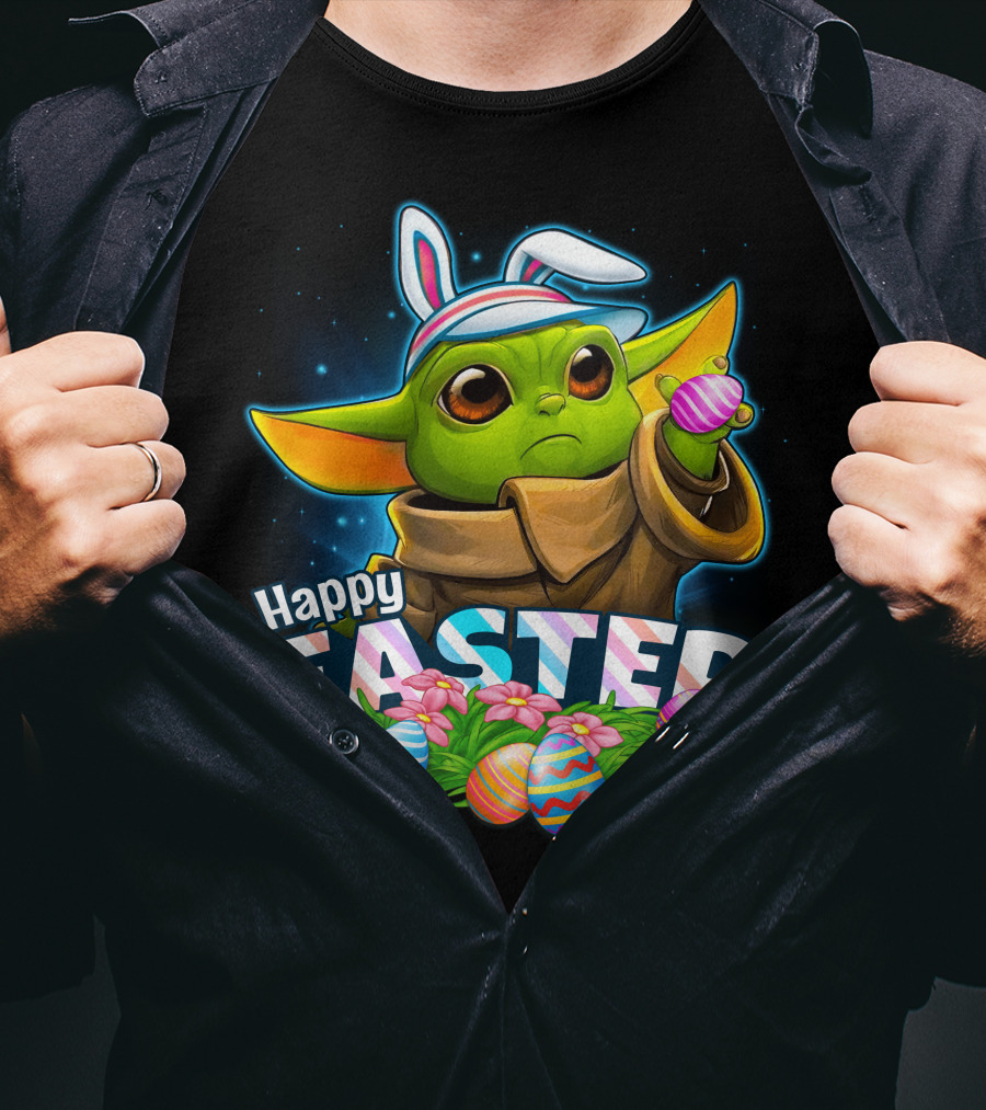 Happy Easter Yoda Bunny With Colorful Eggs T-Shirt
