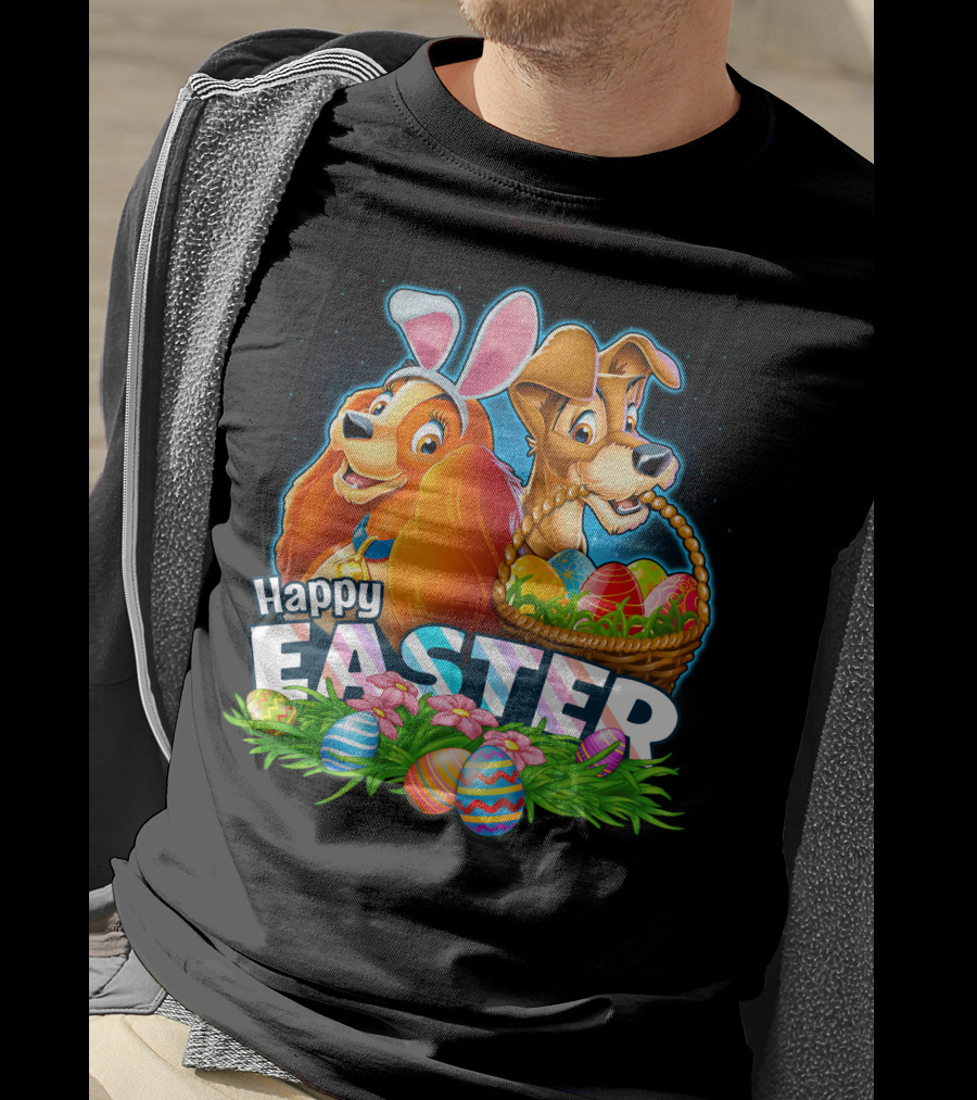 Happy Easter Lady And The Tramp With Easter Eggs And Bunny Ears T-Shirt