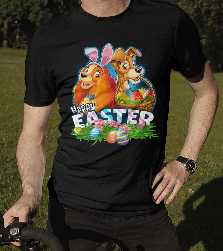 Happy Easter Lady And The Tramp With Easter Eggs And Bunny Ears T-Shirt