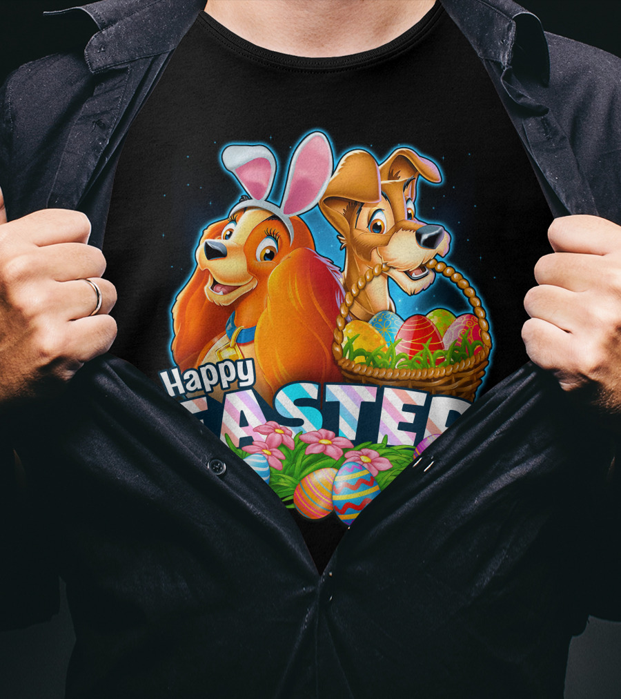 Happy Easter Lady And The Tramp With Easter Eggs And Bunny Ears T-Shirt