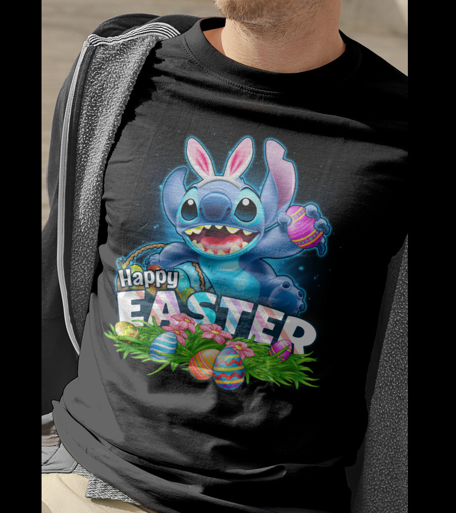 Stitch Happy Easter With Bunny Ears And Colorful Eggs T-Shirt