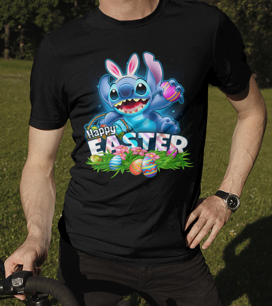 Stitch Happy Easter With Bunny Ears And Colorful Eggs T-Shirt