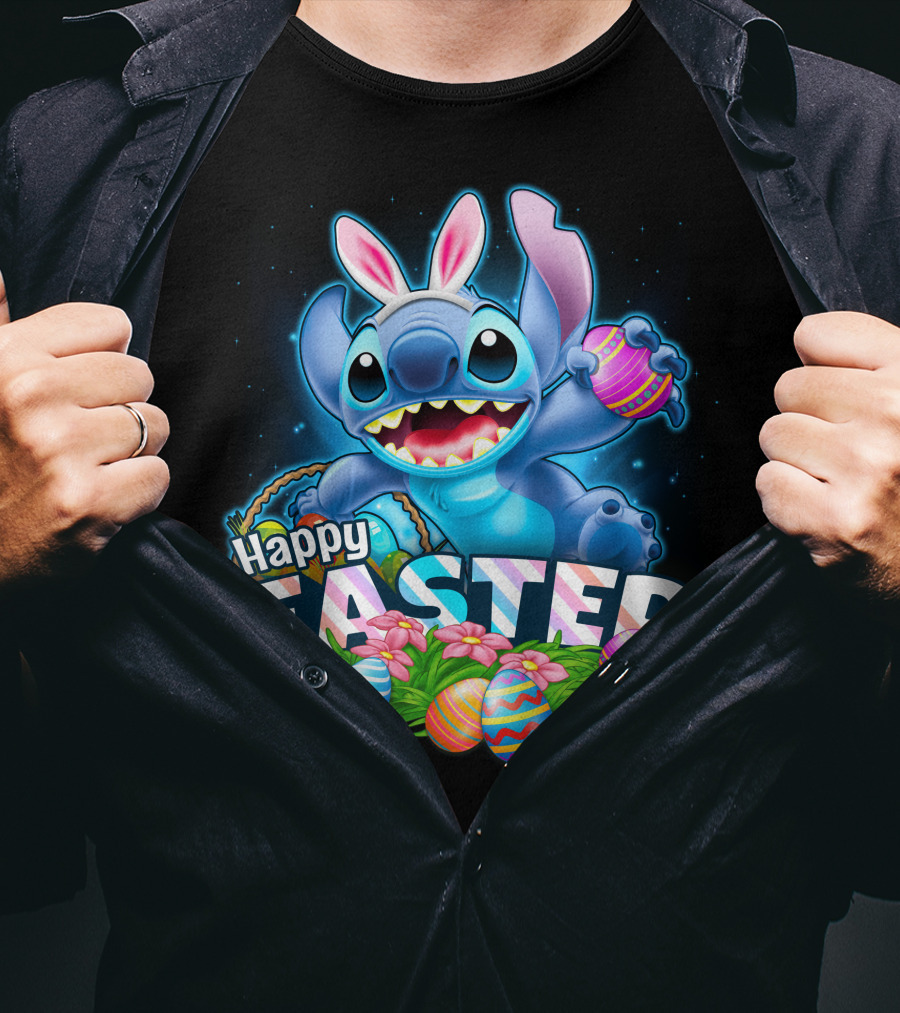 Stitch Happy Easter With Bunny Ears And Colorful Eggs T-Shirt