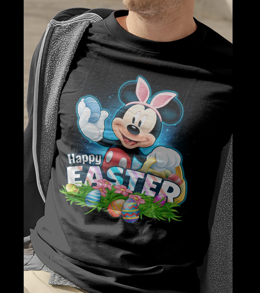 Mickey Mouse Happy Easter With Bunny Ears And Colorful Eggs Basket T-Shirt