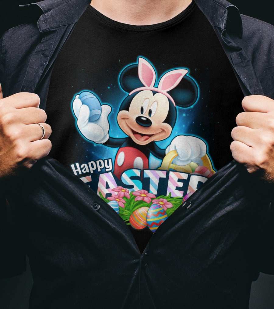 Mickey Mouse Happy Easter With Bunny Ears And Colorful Eggs Basket T-Shirt