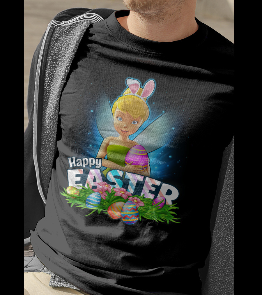 Tinker Bell Happy Easter With Colorful Eggs And Bunny Ears T-Shirt