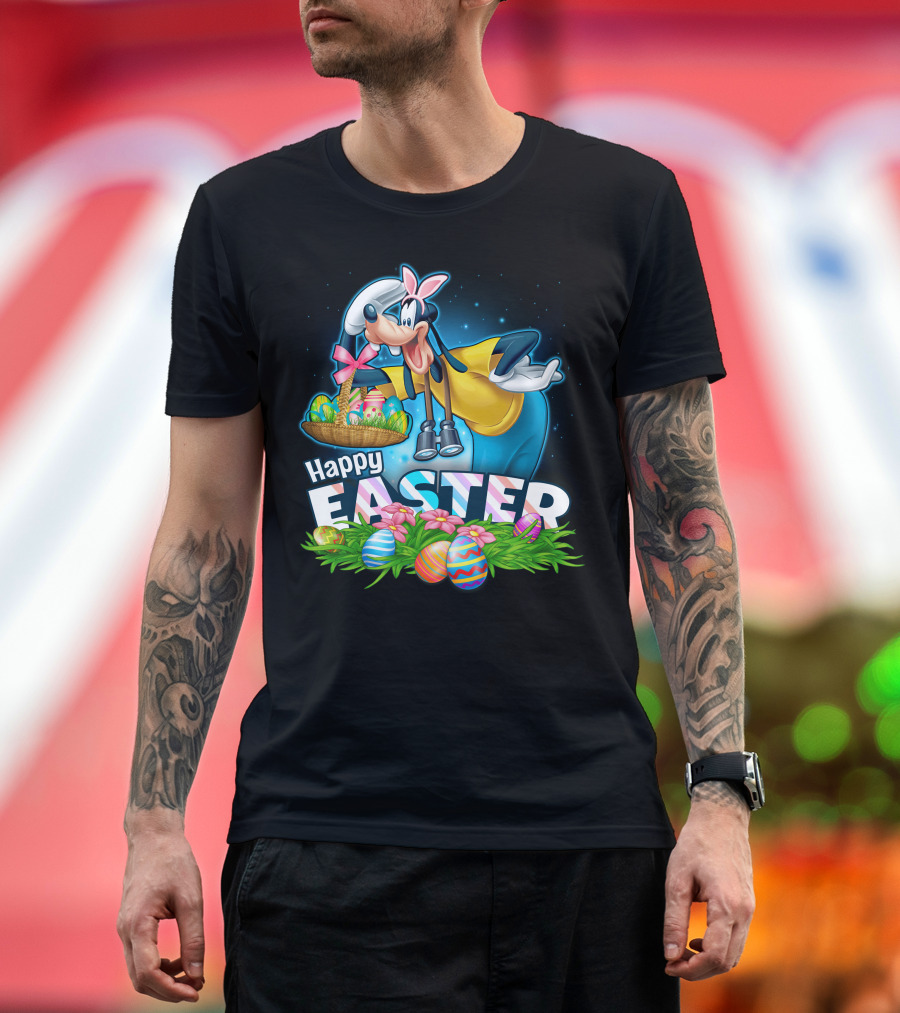 Goofy Holding Easter Basket With Happy Easter Eggs And Flowers T-Shirt
