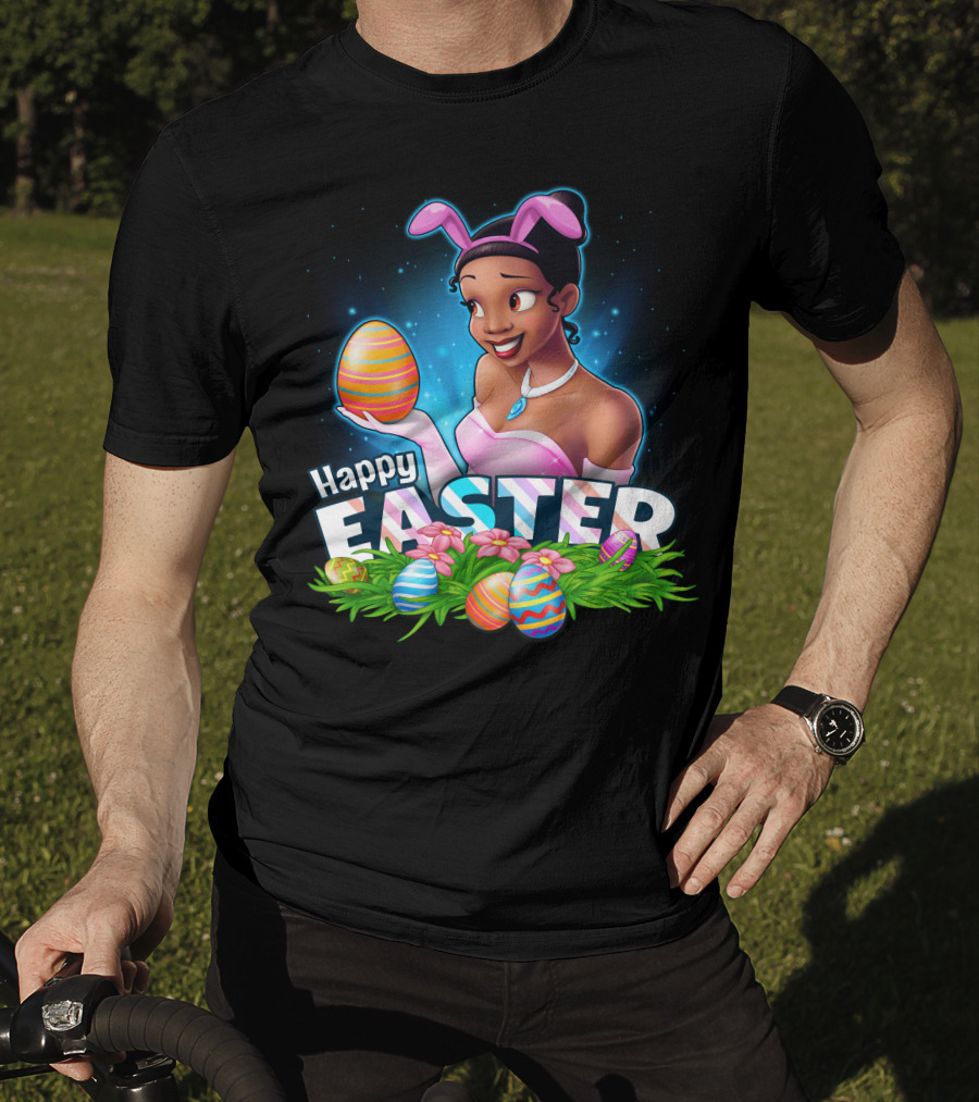 Tiana Happy Easter Bunny Ears Colorful Eggs Garden T-Shirt