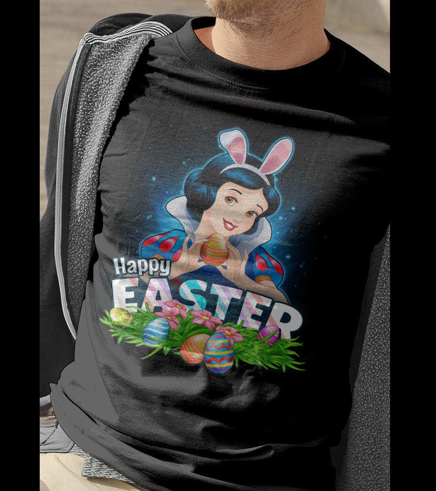 Snow White Happy Easter Bunny Ears Colorful Eggs Spring Celebration T-Shirt