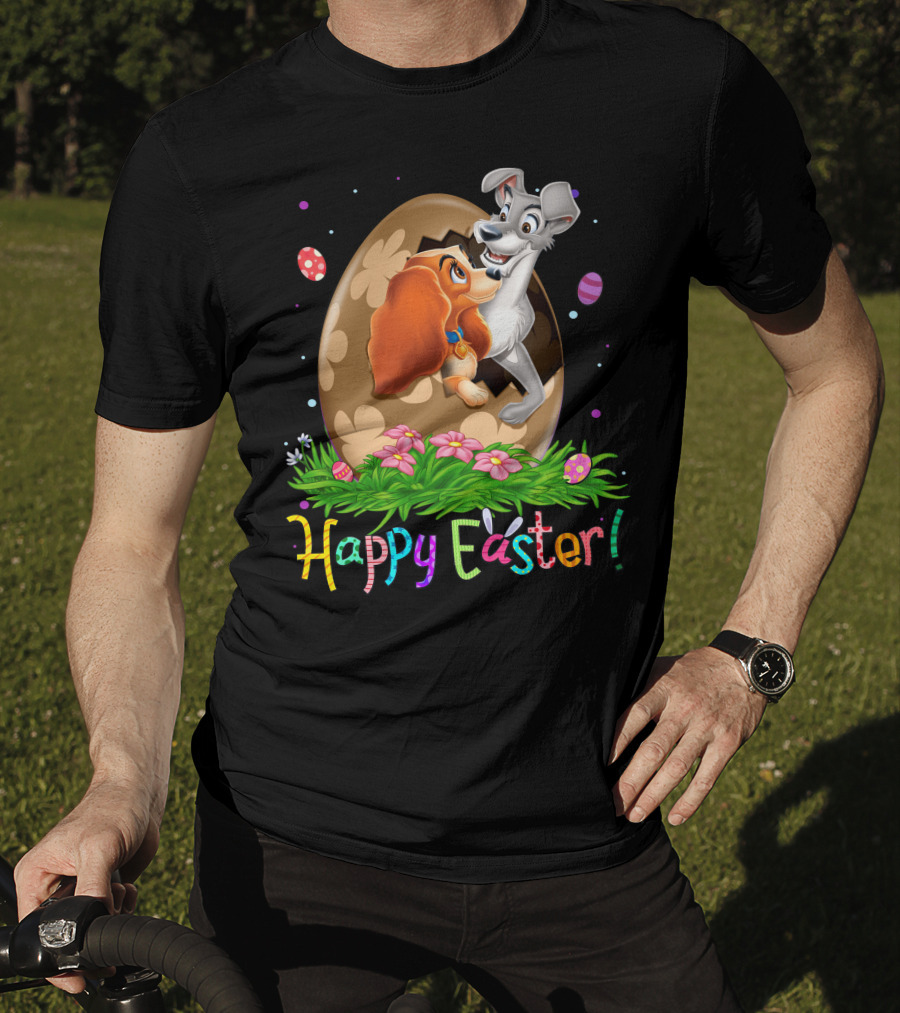 Lady And The Tramp Happy Easter Egg Scene With Colorful Flowers And Eggs T-Shirt