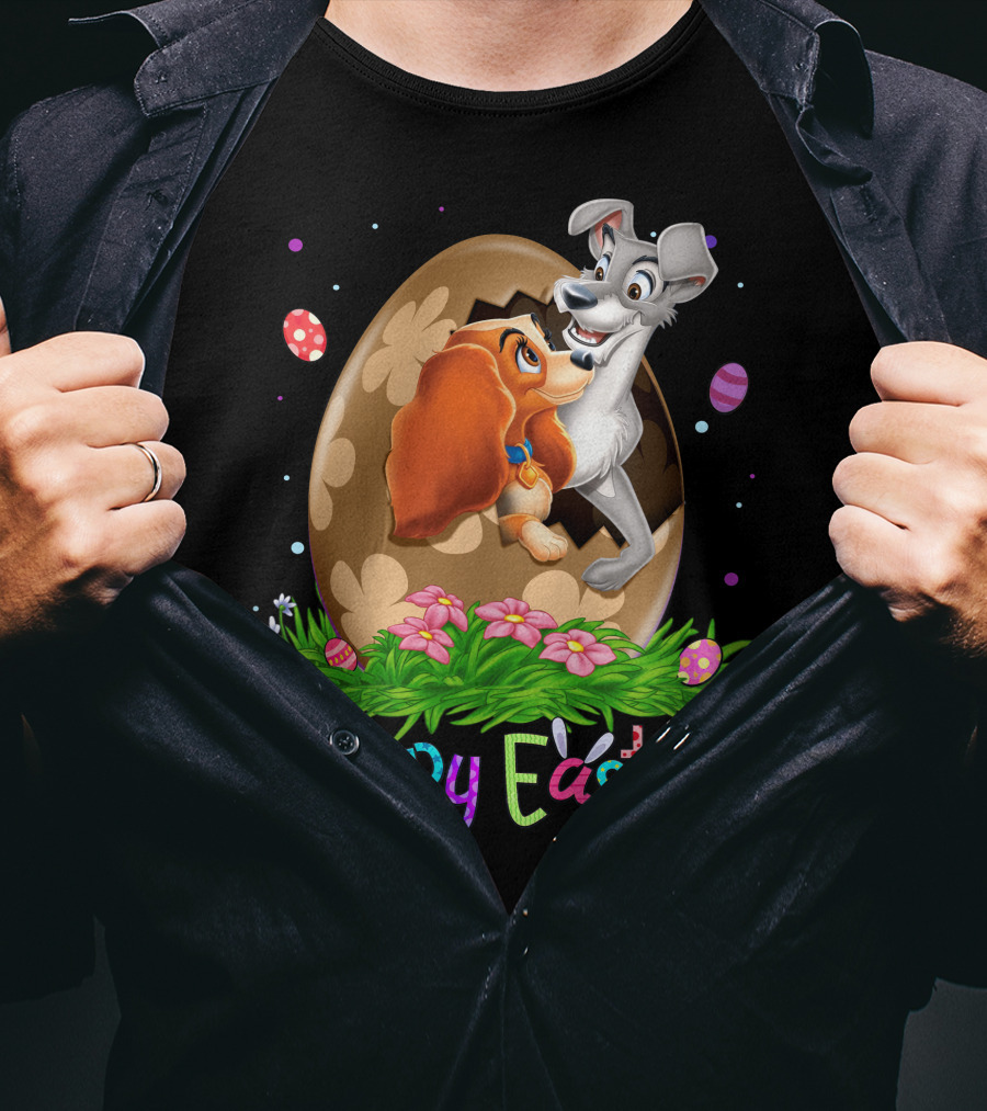 Lady And The Tramp Happy Easter Egg Scene With Colorful Flowers And Eggs T-Shirt