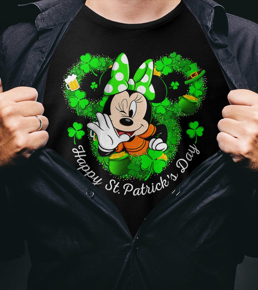 Minnie Mouse Happy St. Patrick's Day Shamrocks And Leprechaun Hat T-Shirt