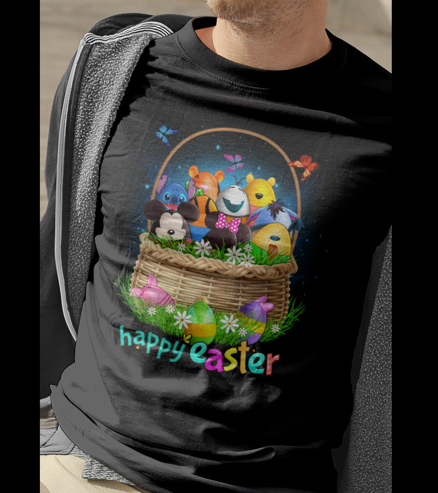 Happy Easter Basket With Colorful Eggs And Characters T-Shirt