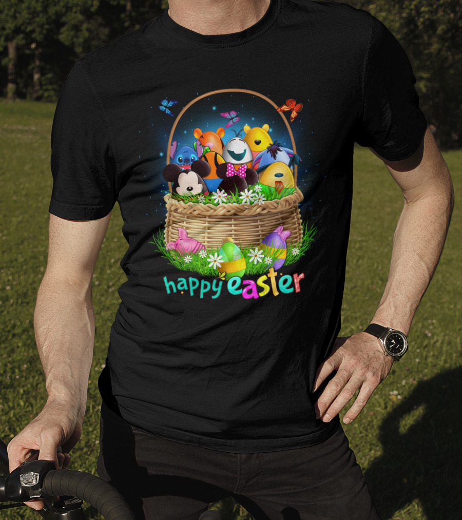 Happy Easter Basket With Colorful Eggs And Characters T-Shirt