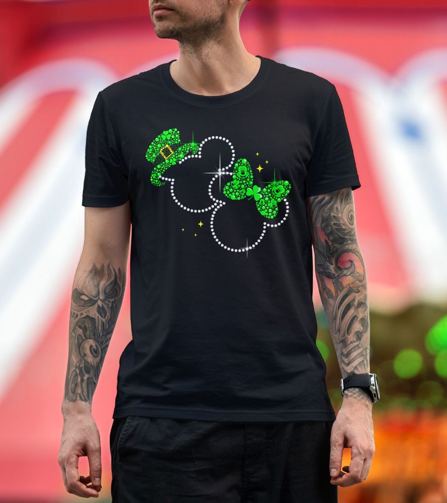 Mickey Minnie St. Patrick's Day Sparkling Green Hat And Bow T-Shirt