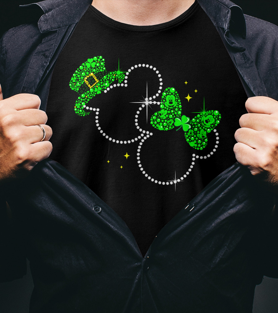 Mickey Minnie St. Patrick's Day Sparkling Green Hat And Bow T-Shirt