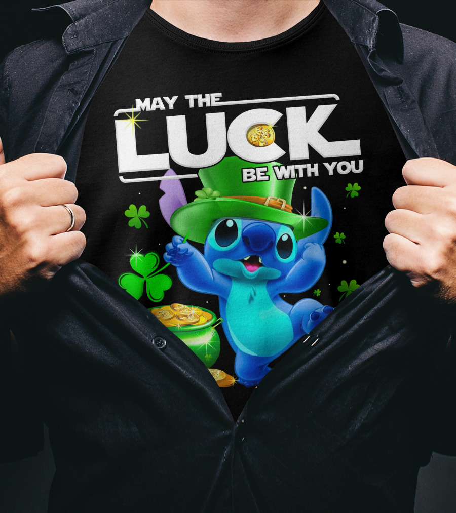 Stitch May The Luck Be With You Featuring Green Hat And Shamrocks T-Shirt