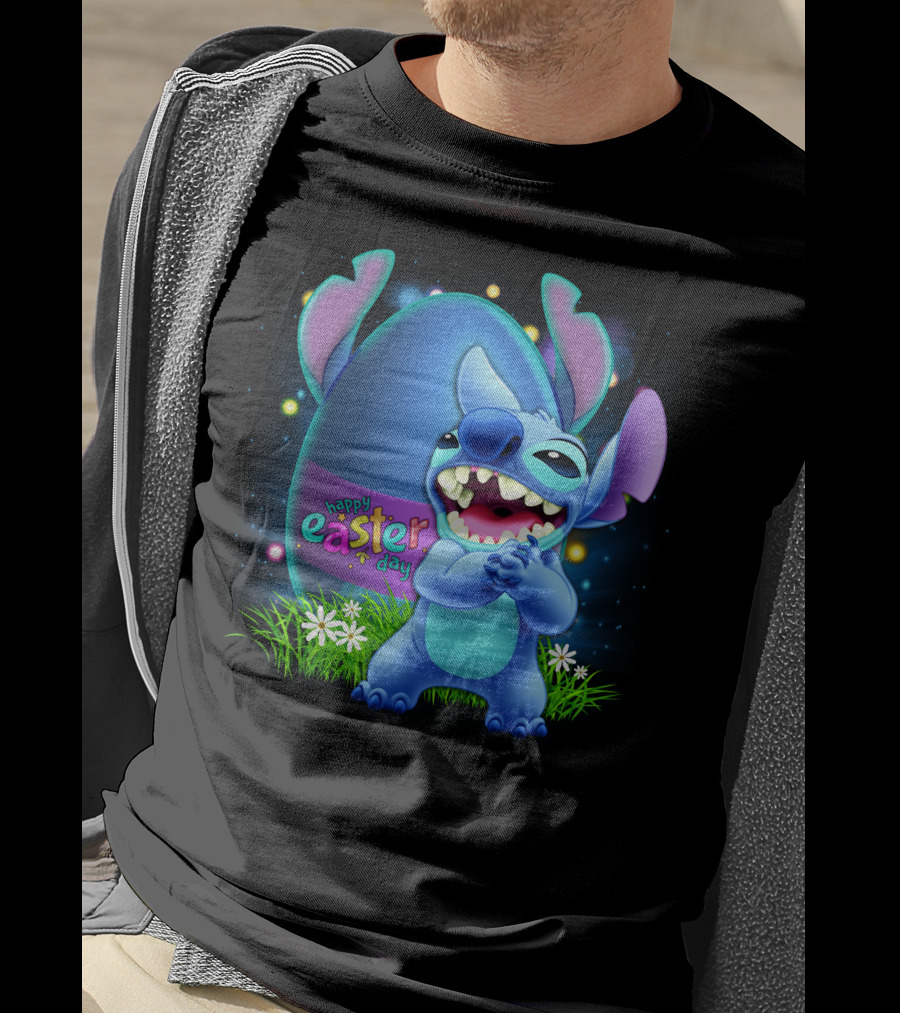 Happy Easter Day Stitch With Easter Egg And Flowers T-Shirt