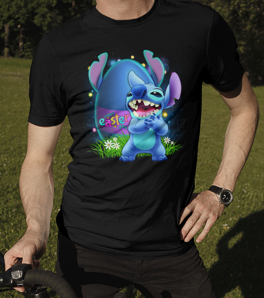 Happy Easter Day Stitch With Easter Egg And Flowers T-Shirt