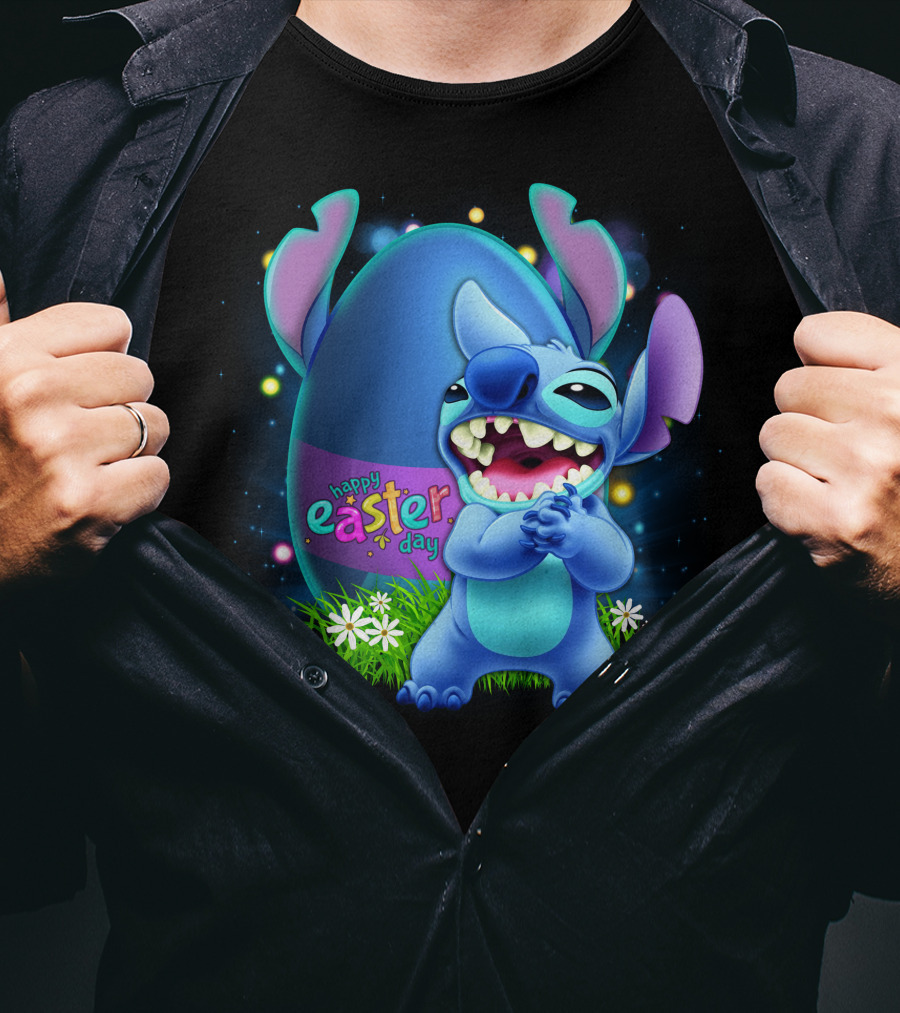 Happy Easter Day Stitch With Easter Egg And Flowers T-Shirt