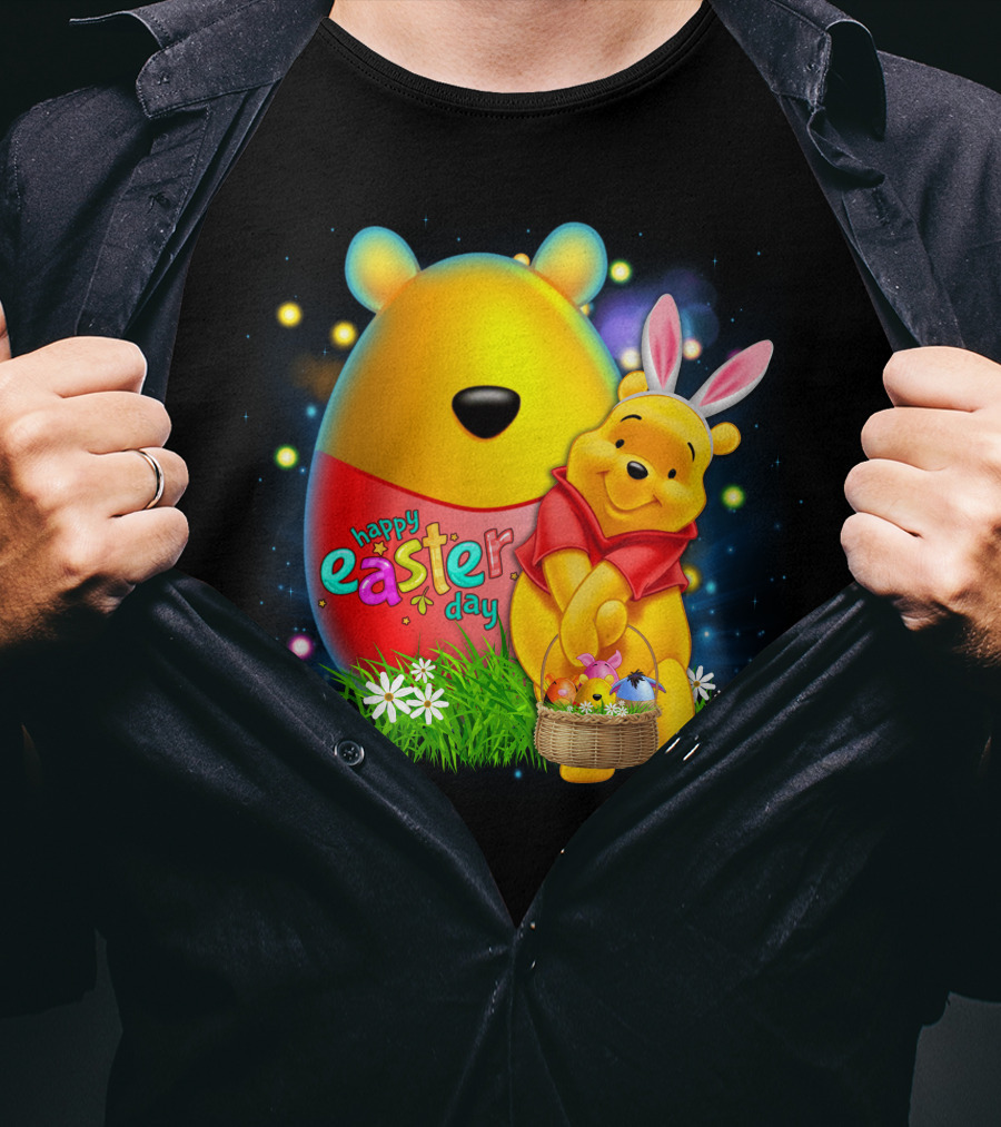 Happy Easter Day Pooh With Basket And Bunny Ears T-Shirt