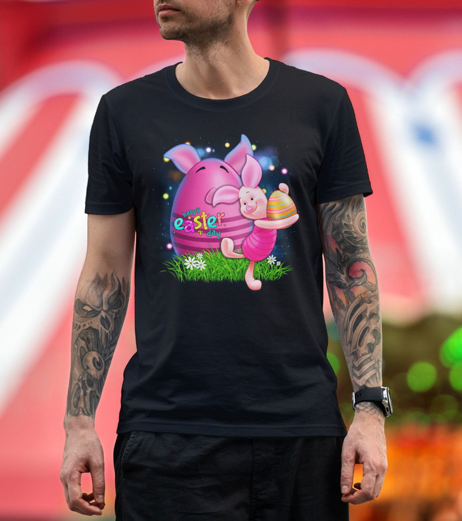 Happy Easter Day Piglet With Colorful Eggs T-Shirt