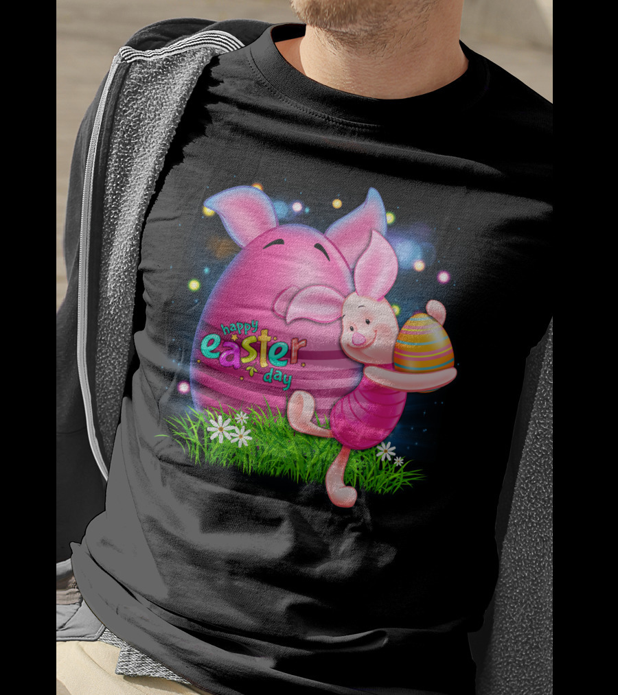 Happy Easter Day Piglet With Colorful Eggs T-Shirt