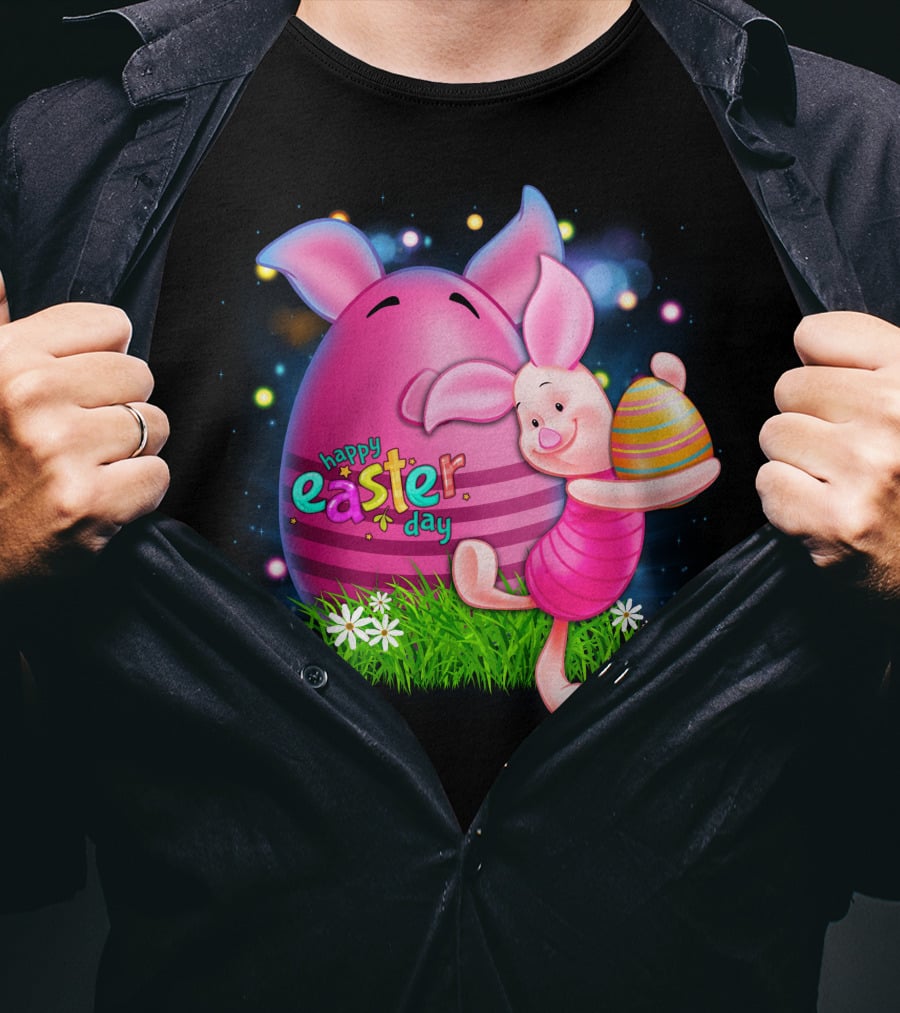 Happy Easter Day Piglet With Colorful Eggs T-Shirt