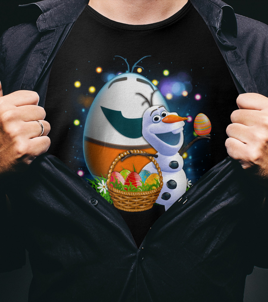 Olaf Easter Basket With Colorful Eggs And Smiling Egg Character T-Shirt