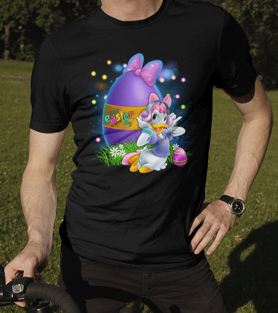 Daisy Duck Happy Easter Day Pink Bow Large Egg And Flowers T-Shirt