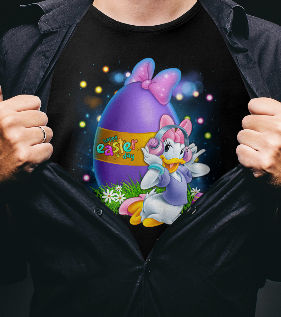 Daisy Duck Happy Easter Day Pink Bow Large Egg And Flowers T-Shirt