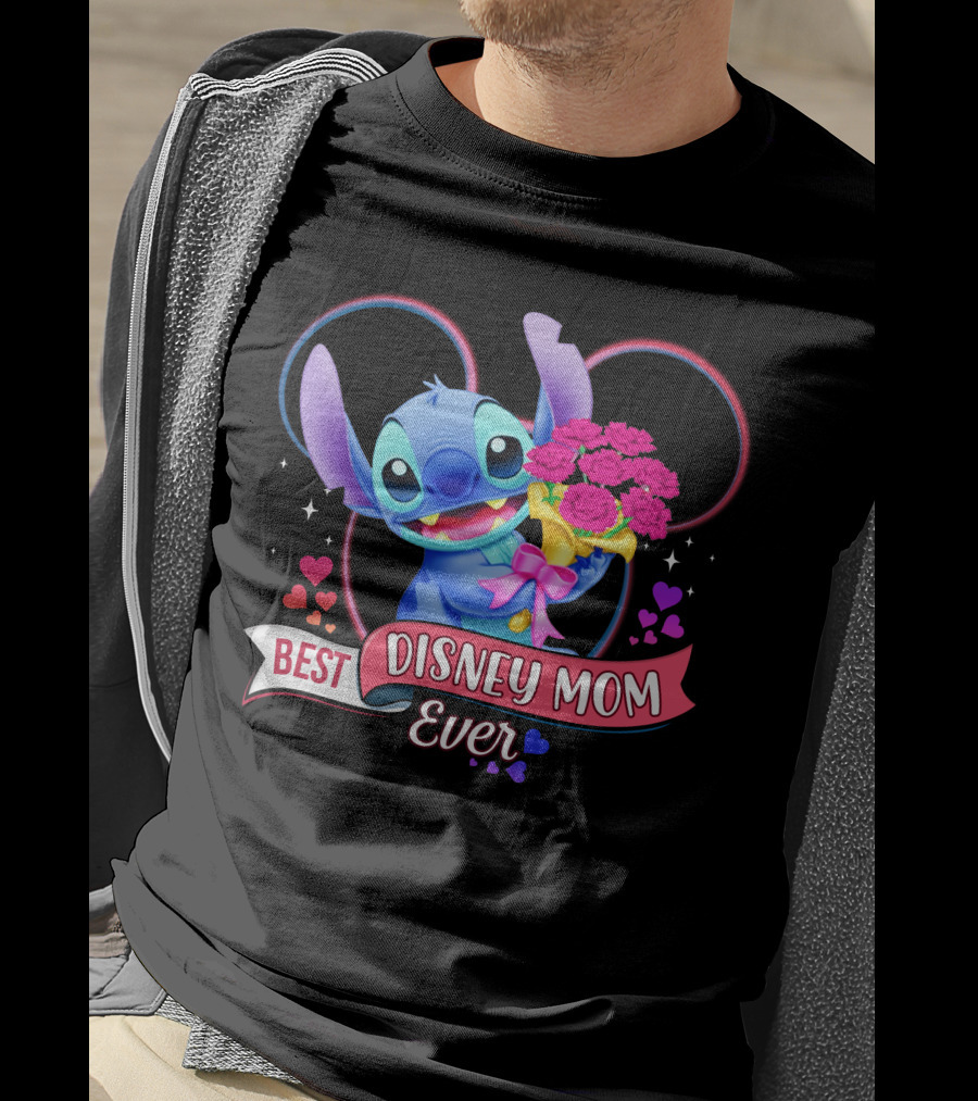 Best Disney Mom Ever Stitch With Flowers And Hearts T-Shirt