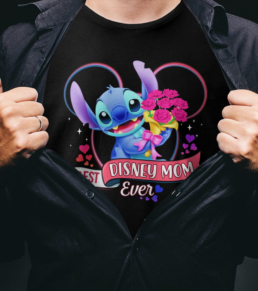 Best Disney Mom Ever Stitch With Flowers And Hearts T-Shirt