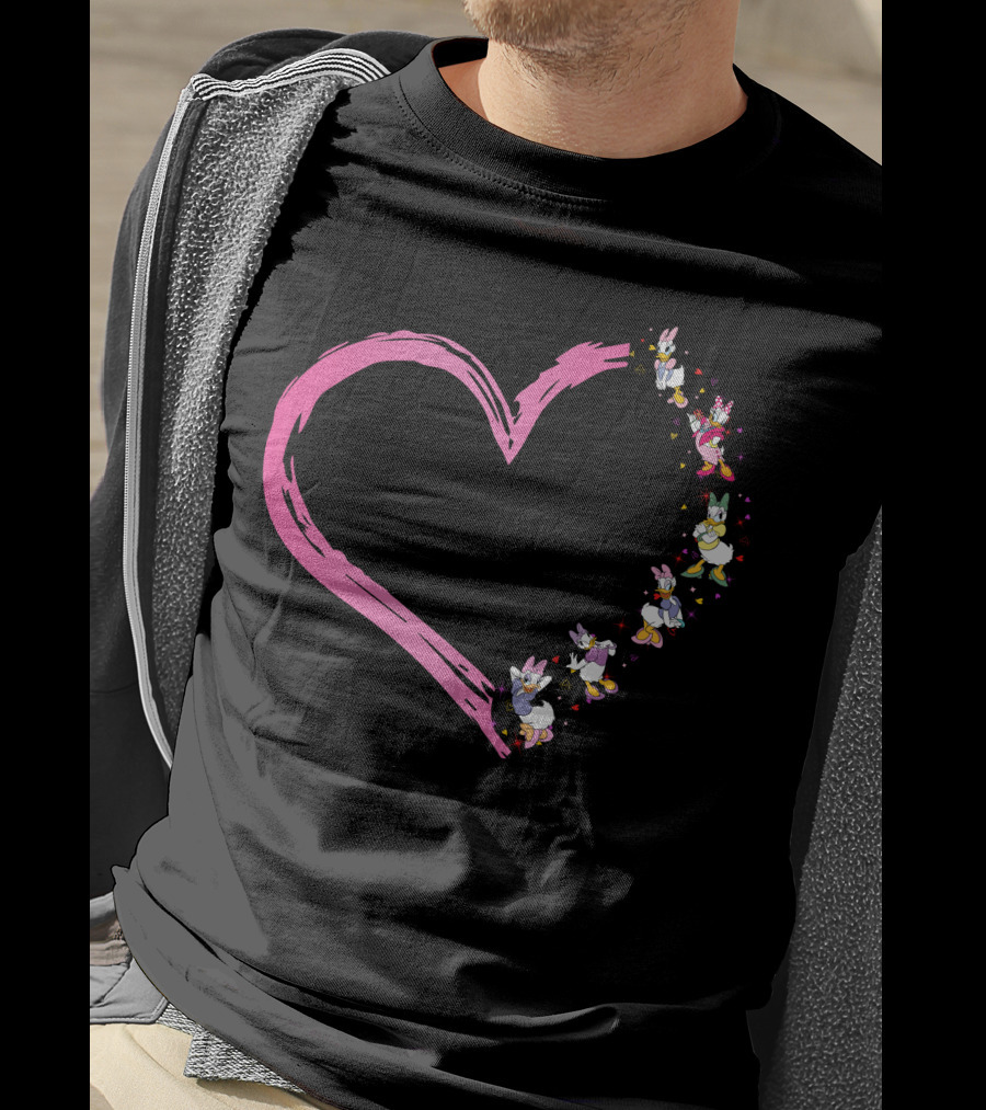 Daisy Duck Heart Shape With Pink Outline And Floral Elements T-Shirt