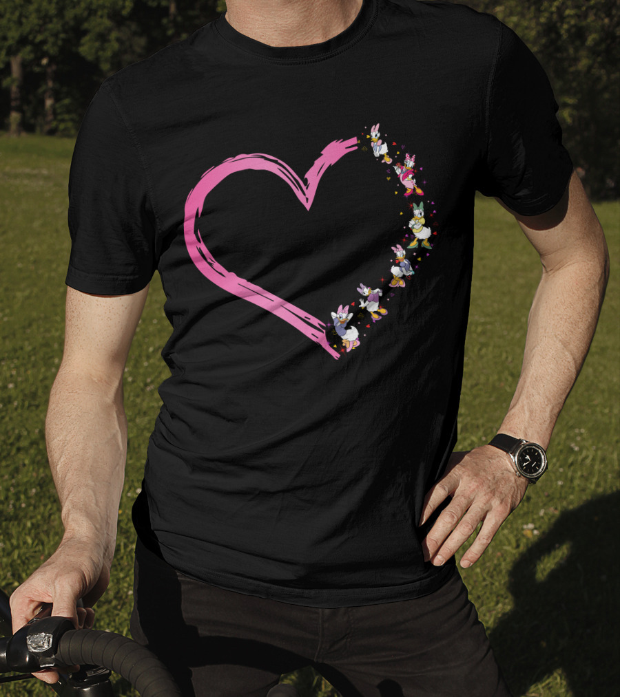 Daisy Duck Heart Shape With Pink Outline And Floral Elements T-Shirt