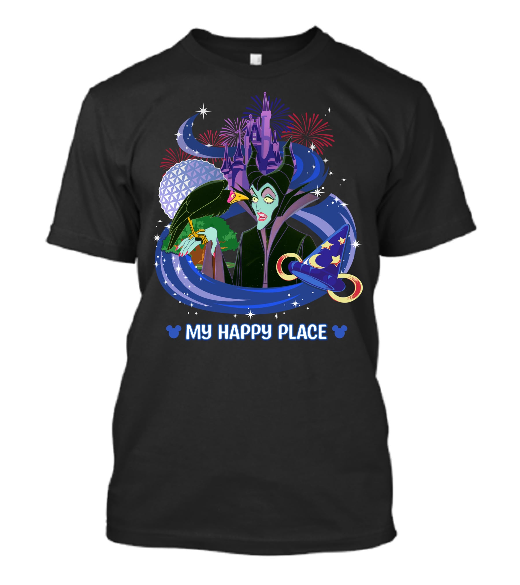 Maleficent My Happy Place Disney Castle Fireworks Mickey Sorcerer Hat T-Shirt