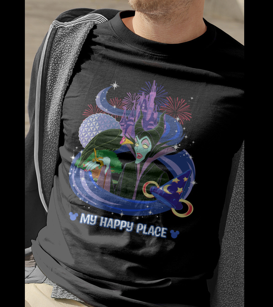 Maleficent My Happy Place Disney Castle Fireworks Mickey Sorcerer Hat T-Shirt
