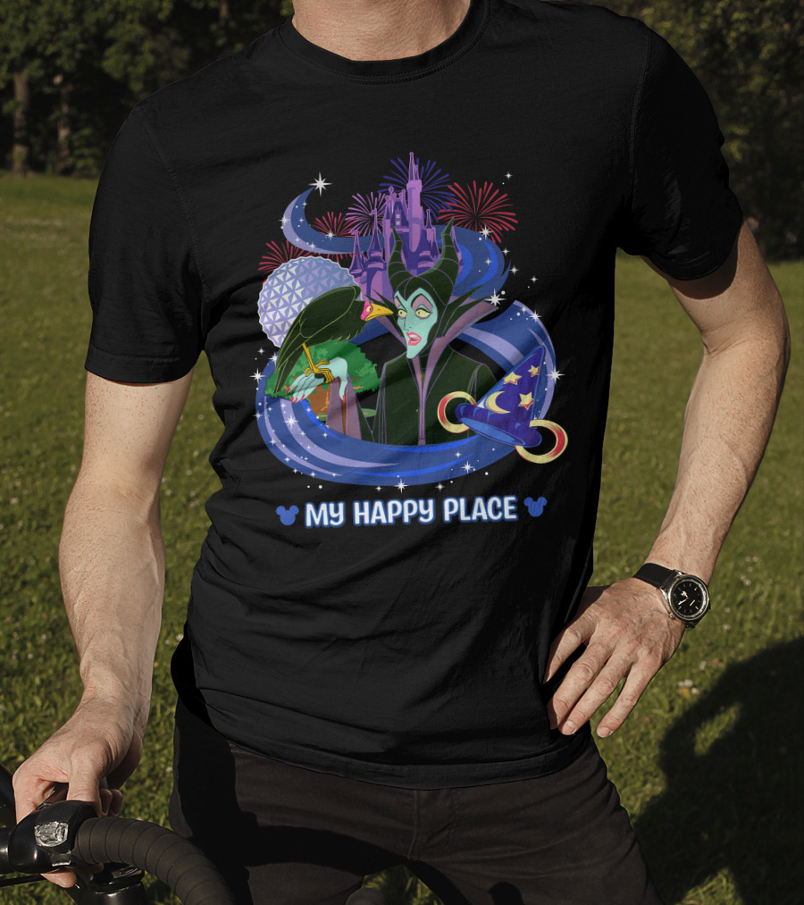Maleficent My Happy Place Disney Castle Fireworks Mickey Sorcerer Hat T-Shirt