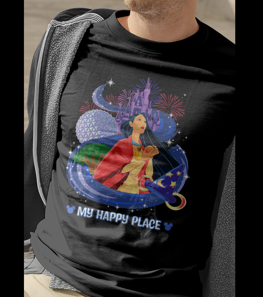Pocahontas Disney My Happy Place Castle Fireworks Sorcerer Hat Epcot T-Shirt