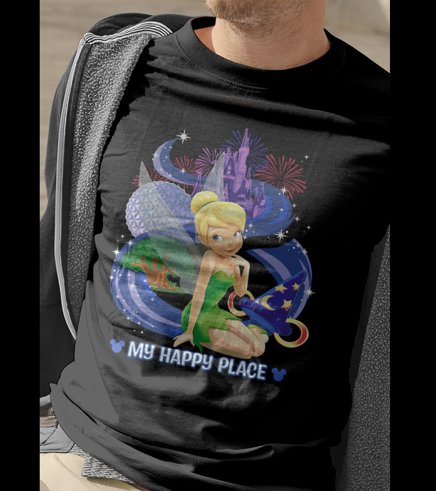 Tinker Bell My Happy Place Disney Castle Epcot Fireworks Wizard Hat T-Shirt