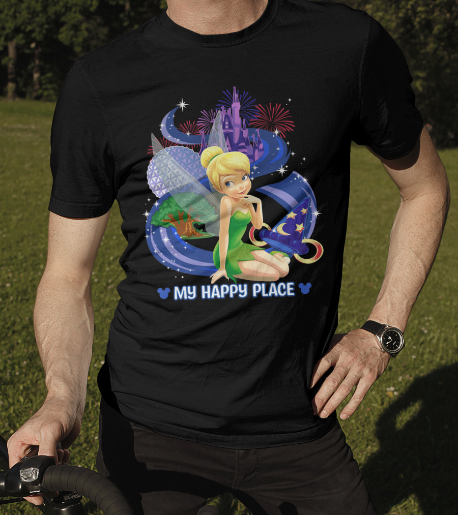 Tinker Bell My Happy Place Disney Castle Epcot Fireworks Wizard Hat T-Shirt