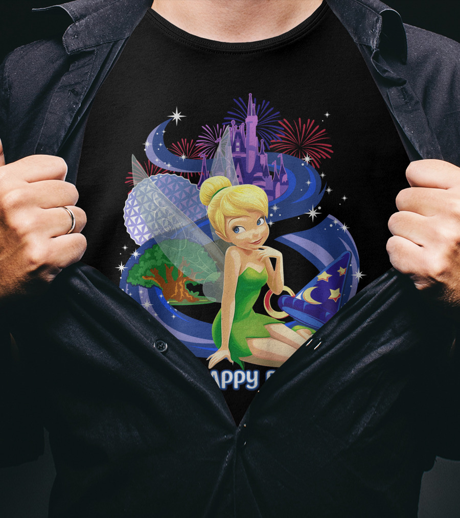 Tinker Bell My Happy Place Disney Castle Epcot Fireworks Wizard Hat T-Shirt