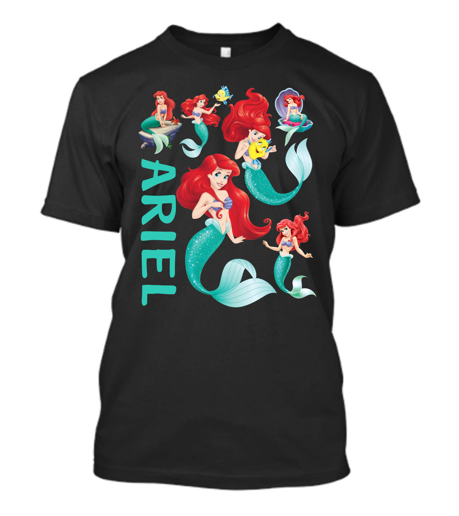 Ariel Mermaid Adventures With Flounder And Shell In Blue Teal Letters T-Shirt
