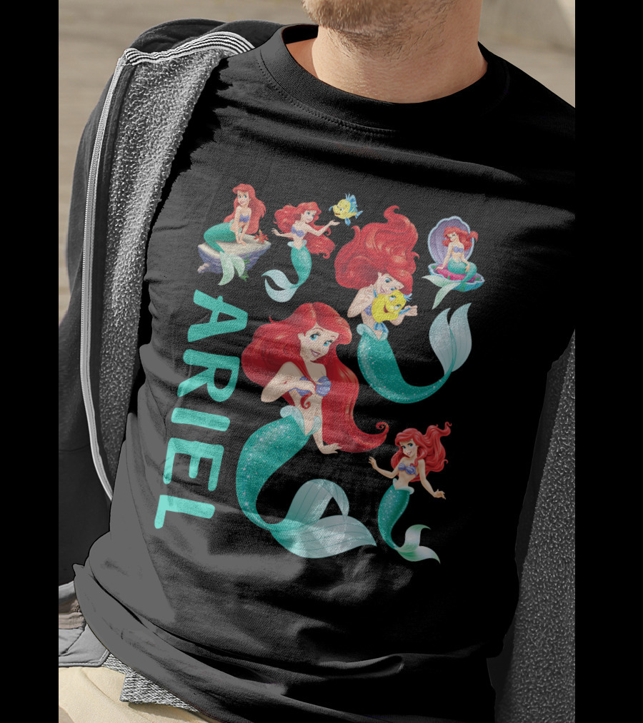 Ariel Mermaid Adventures With Flounder And Shell In Blue Teal Letters T-Shirt